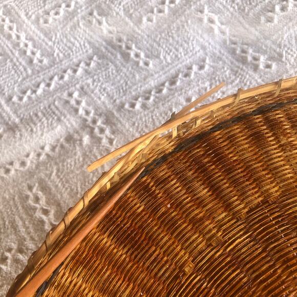 Vintage Handwoven Rattan Wide Brim Conical Sun Hat 5in Boho Basket Weave - Picture 4 of 8